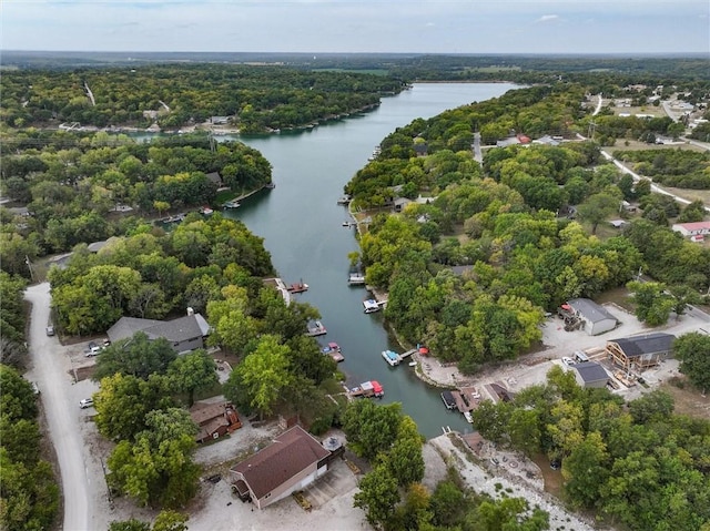 drone / aerial view featuring a water view and a view of trees