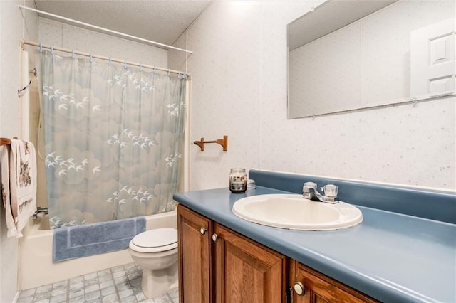 full bath featuring shower / bath combo, tile patterned floors, toilet, and vanity