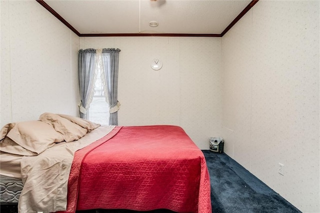 carpeted bedroom featuring ornamental molding