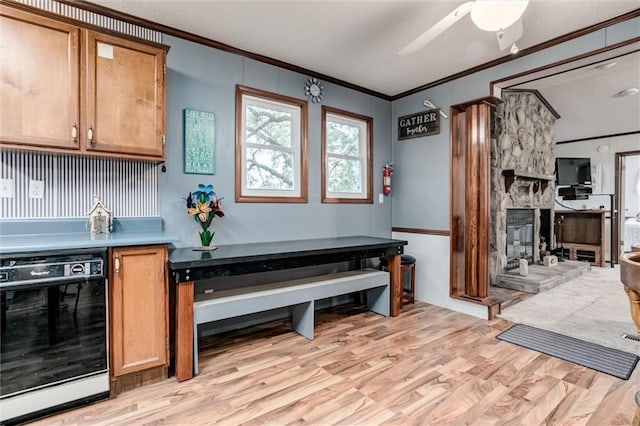 interior space with light wood finished floors, ornamental molding, and a ceiling fan