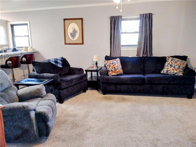 carpeted living room with crown molding