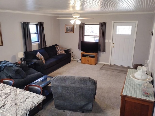 carpeted living room featuring ceiling fan and crown molding