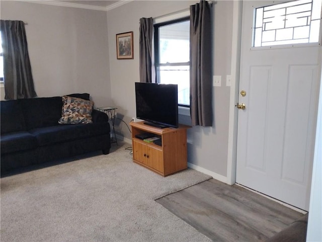 carpeted living room featuring crown molding