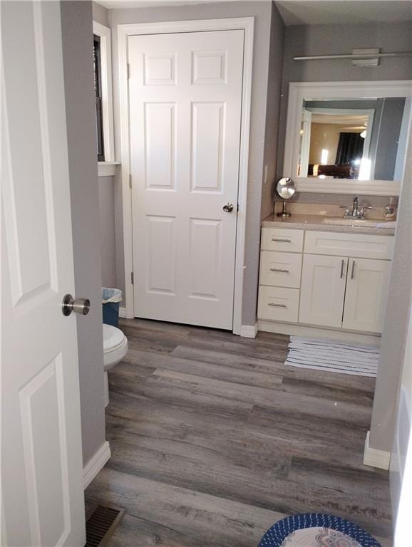 bathroom with toilet, vanity, and wood-type flooring