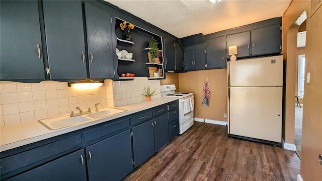 kitchen with decorative backsplash, blue cabinets, white appliances, dark hardwood / wood-style flooring, and a textured ceiling