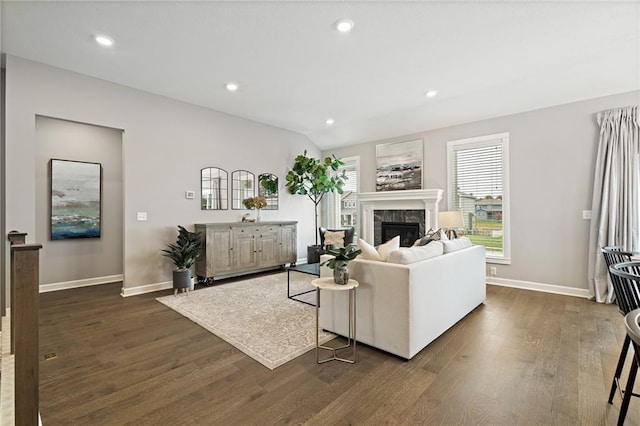 living room featuring lofted ceiling and dark wood-type flooring