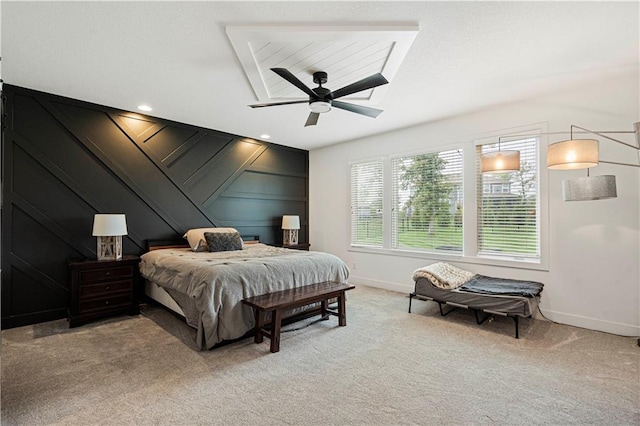 carpeted bedroom featuring ceiling fan