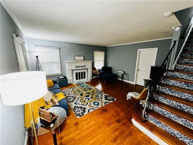 living room with ornamental molding, a textured ceiling, and wood-type flooring