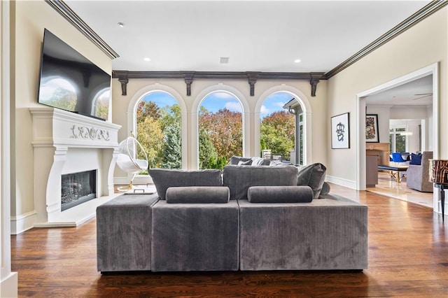 living room featuring ornamental molding and hardwood / wood-style floors