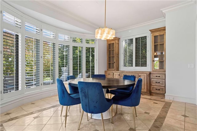 tiled dining space with ornamental molding and an inviting chandelier