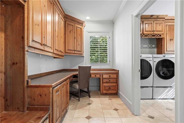 office featuring ornamental molding, light tile patterned flooring, built in desk, and independent washer and dryer