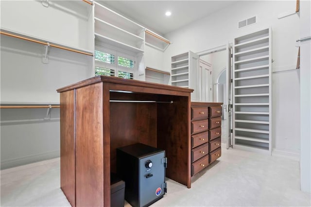 walk in closet featuring light carpet and radiator