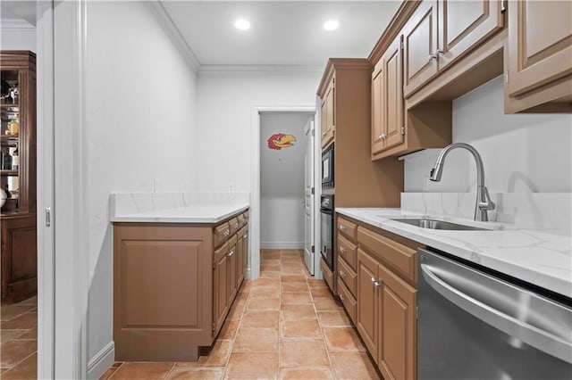 kitchen with dishwasher, light stone countertops, ornamental molding, and sink