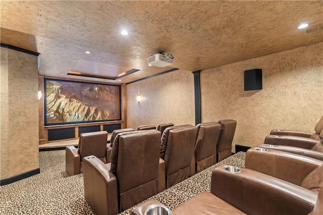 home theater room with a textured ceiling