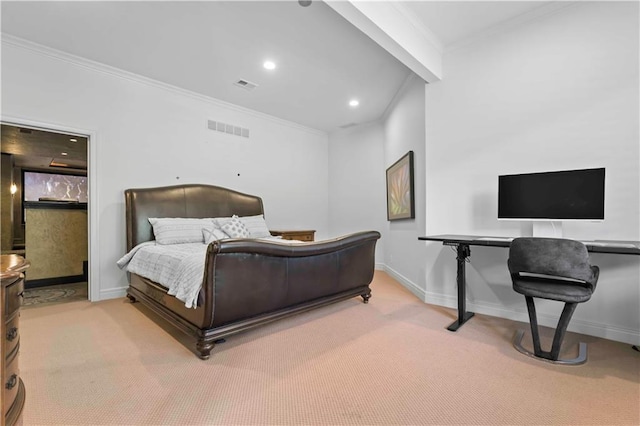 bedroom featuring ornamental molding, light carpet, and beamed ceiling