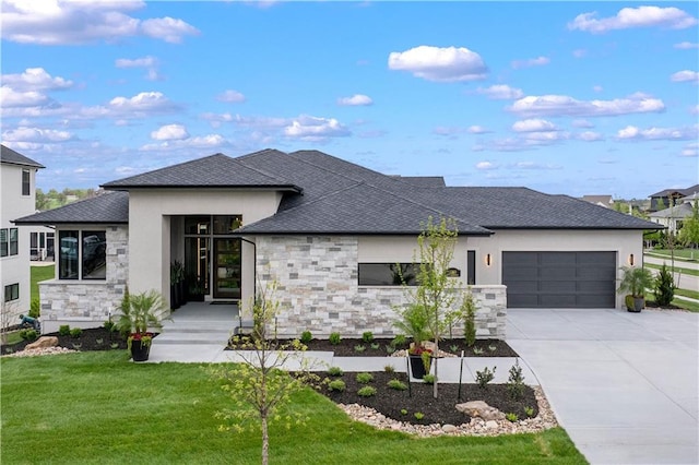 12303 W 167th Ter, Overland Park, KS 66221 - modern home with stone siding, an attached garage, driveway, a front lawn, and a shingled roof
