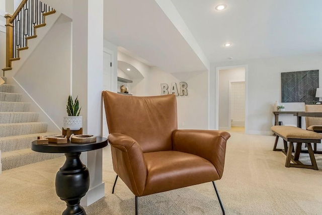 living area featuring light colored carpet