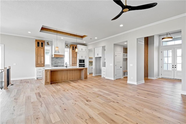 kitchen with appliances with stainless steel finishes, a tray ceiling, light wood-type flooring, and backsplash