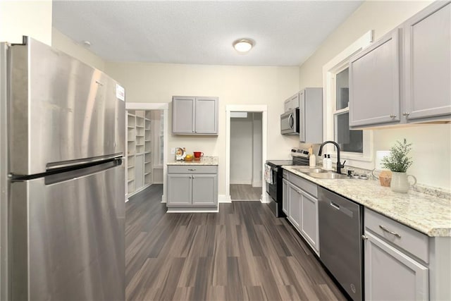 kitchen with gray cabinetry, stainless steel appliances, and dark wood-type flooring