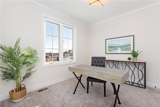 carpeted home office with crown molding