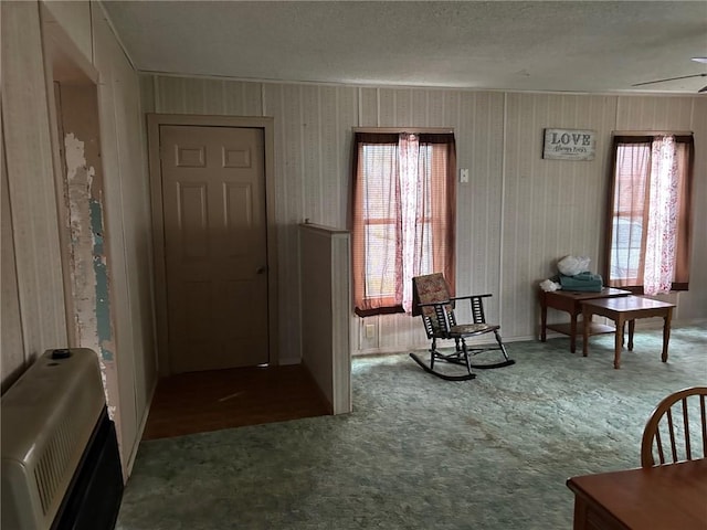 carpeted foyer entrance with a textured ceiling, ceiling fan, heating unit, and plenty of natural light