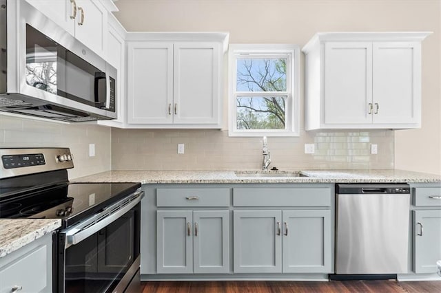kitchen with a sink, white cabinets, backsplash, and stainless steel appliances