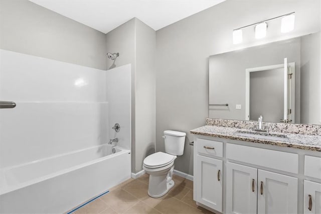 full bathroom with shower / bath combination, vanity, tile patterned floors, baseboards, and toilet