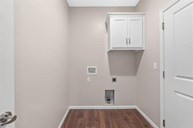 laundry room with washer hookup, hookup for an electric dryer, cabinet space, baseboards, and dark wood-style floors