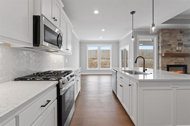 25026 W 94th Ter, Lenexa, KS 66227 - kitchen with stainless steel appliances, a sink, ornamental molding, healthy amount of natural light, and a stone fireplace