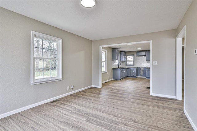 unfurnished living room featuring light hardwood / wood-style flooring, sink, and a wealth of natural light