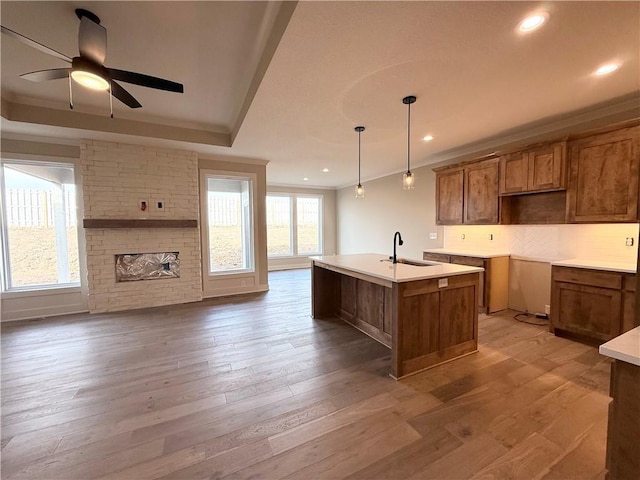 kitchen featuring sink, hanging light fixtures, hardwood / wood-style floors, ornamental molding, and a center island with sink