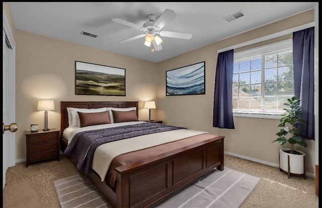 bedroom featuring light carpet and ceiling fan