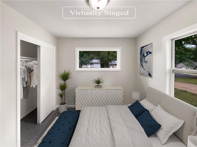 carpeted bedroom featuring a closet and multiple windows