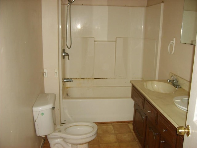 full bathroom with tub / shower combination, tile patterned flooring, vanity, and toilet