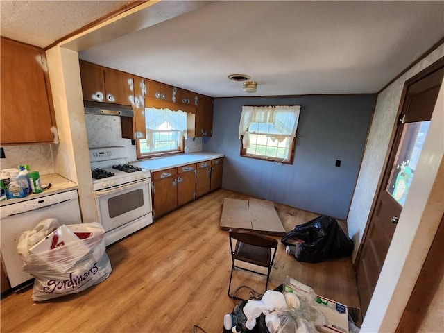 kitchen with white appliances, light hardwood / wood-style floors, and tasteful backsplash