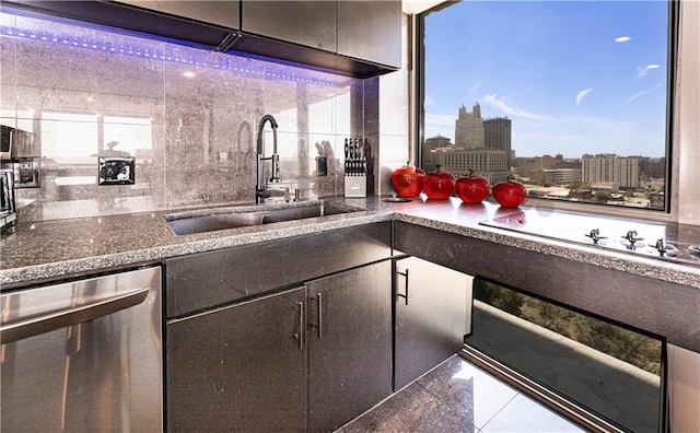 kitchen with stainless steel dishwasher, a city view, plenty of natural light, and a sink