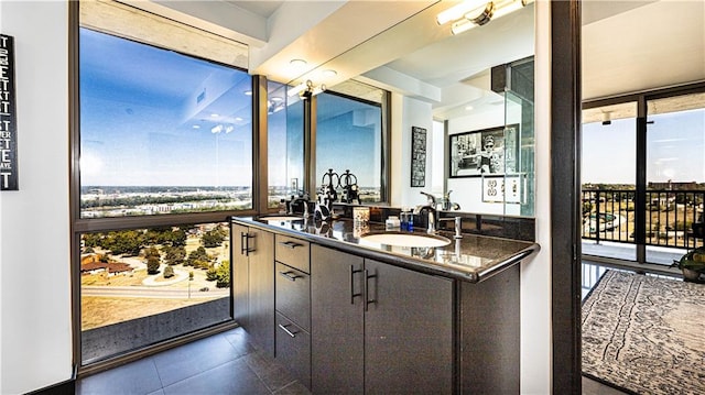 interior space featuring dark countertops, expansive windows, and a sink