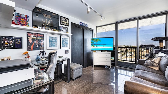 office featuring track lighting and a wall of windows