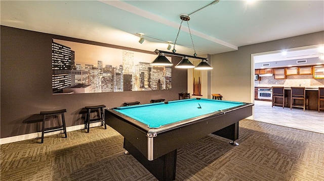 recreation room featuring billiards, carpet, visible vents, baseboards, and tile patterned floors