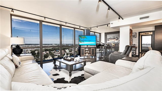 tiled living room with a wealth of natural light, a wall of windows, and track lighting