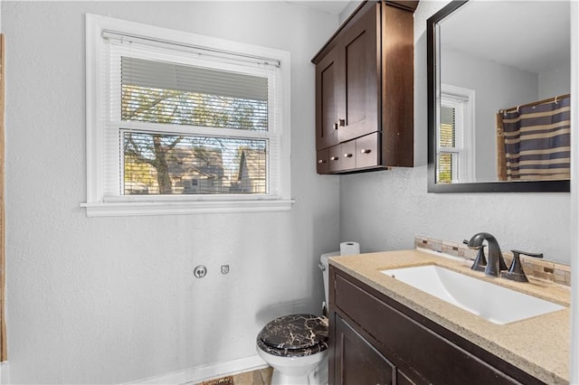 bathroom featuring toilet, vanity, and curtained shower