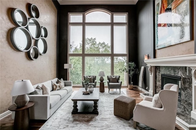 living room with ornamental molding, hardwood / wood-style floors, and a high end fireplace