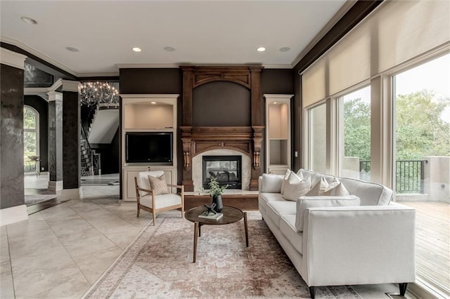 living room with crown molding