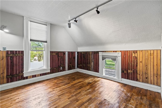 additional living space with a textured ceiling, hardwood / wood-style flooring, plenty of natural light, and vaulted ceiling