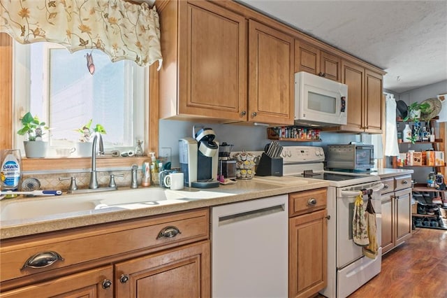 kitchen with white appliances, brown cabinets, dark wood-type flooring, light countertops, and a sink