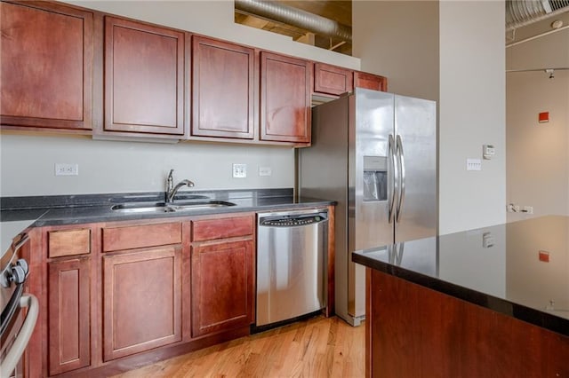 kitchen with sink, light wood-type flooring, and stainless steel appliances