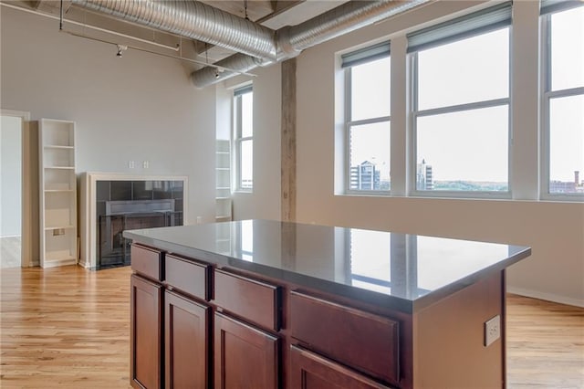 kitchen with a tiled fireplace, a wealth of natural light, and light hardwood / wood-style flooring