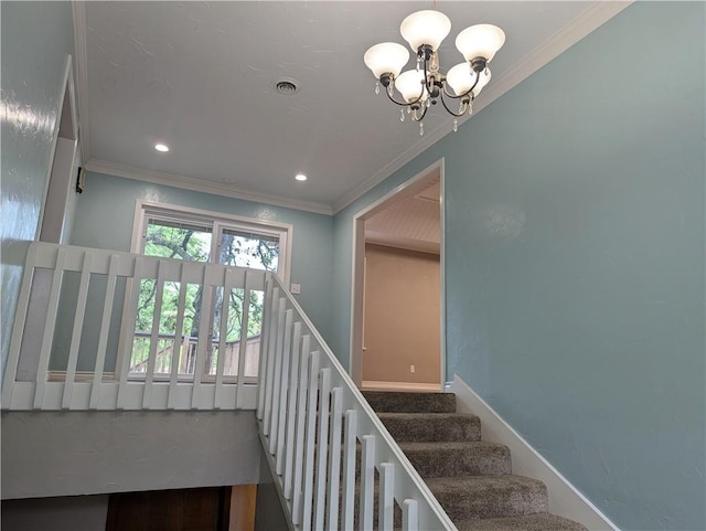 stairs with crown molding and an inviting chandelier