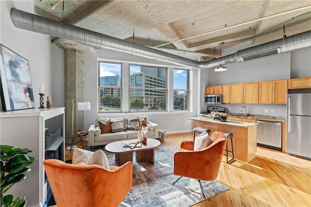 living area with light wood-type flooring, decorative columns, and sink