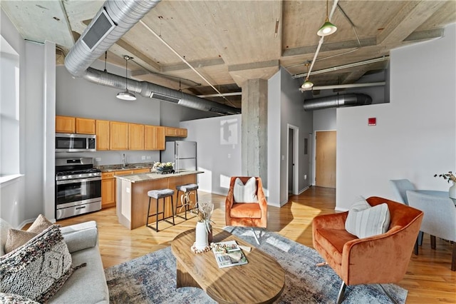 living room with a towering ceiling, light hardwood / wood-style floors, and sink